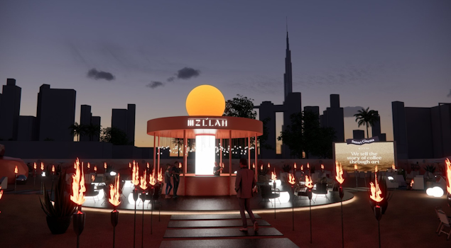 Mzllah - Mystic Mirage is an immersive Emirati-inspired coffee pop-up design by Studio Königshausen in Dubai, United Arab Emirates. Within a 9000 sqm space, desert landscapes are reimagined with vibrant colours, mirrors, and contemporary designs, offering an arty twist to traditional elements.